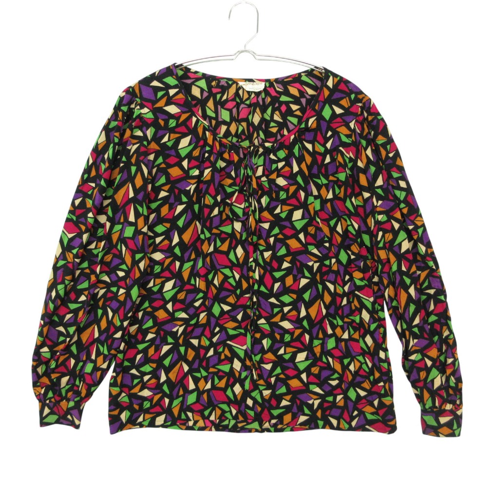 Vintage YVES SAINT LAURENT イヴ・サンローラン 絹地100％ トップ プルオーバー 長袖 幾何学学柄 総柄 OLD 年寄りの トップス マルチ色合い 36【S】 レディース 【中古】