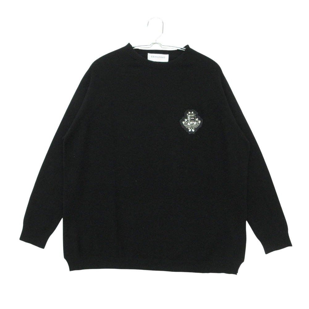 ERMANNO SCERVINO エルマノシェルビーノ ニット セーター 長袖 エンブレム ワッペン ビジュー装飾 プルオーバー トップス ブラック 42【M】 レディース 【中古】｜コムレイドバージ店 9,507円