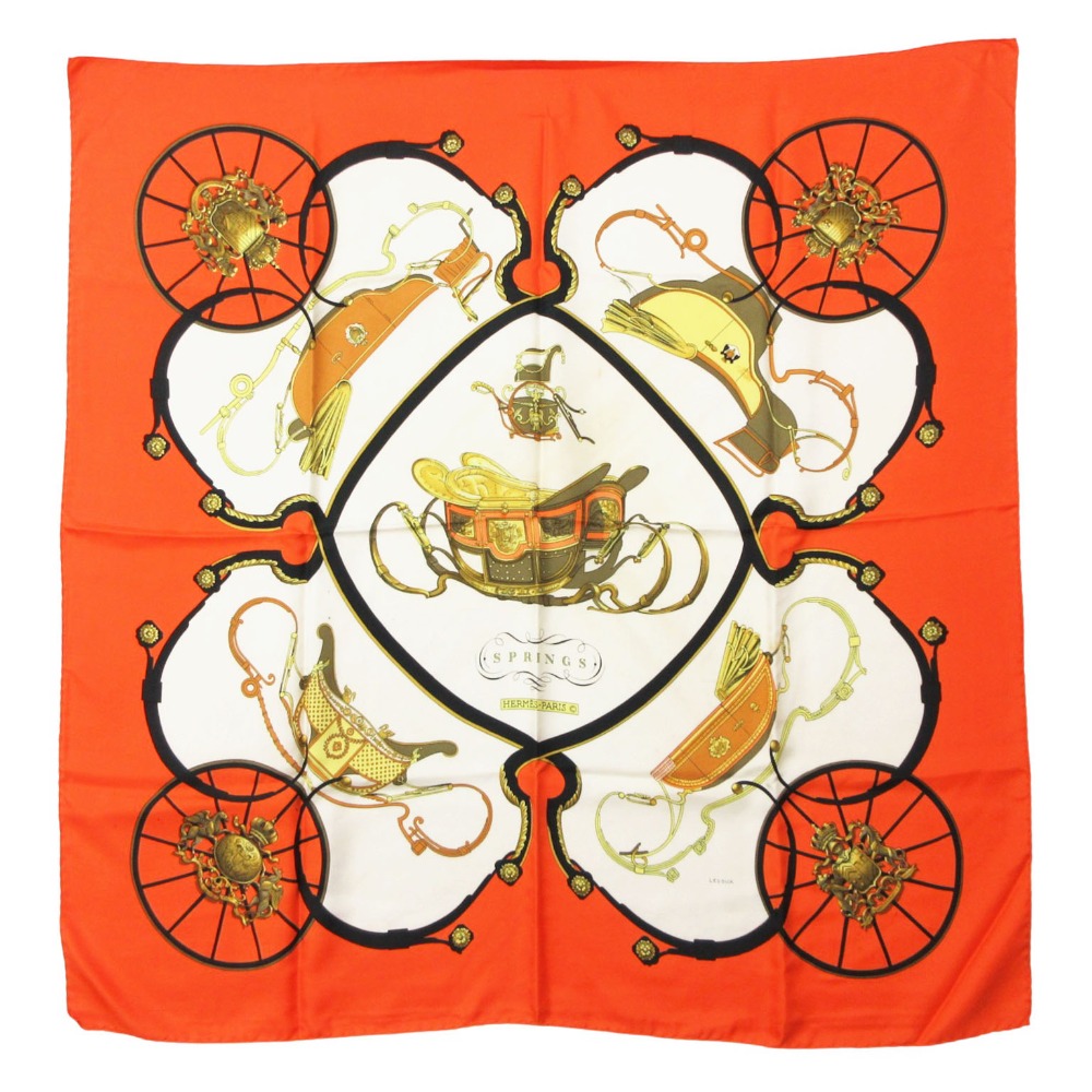 HERMES エルメス ヴィンテージ えり巻き カレ90 SPRINGS スプリングス 荷馬車柄 LEDOUX 年寄りの OLD オレンジ色 レディース 【中古】