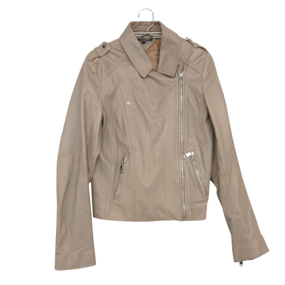 TOMMY HILFIGER トミーヒルフィガー ライダースジャケット ラムレザー ダブル 羊革 ブルゾン アウター グレージュ L レディース 【中古】｜コムレイドバージ店