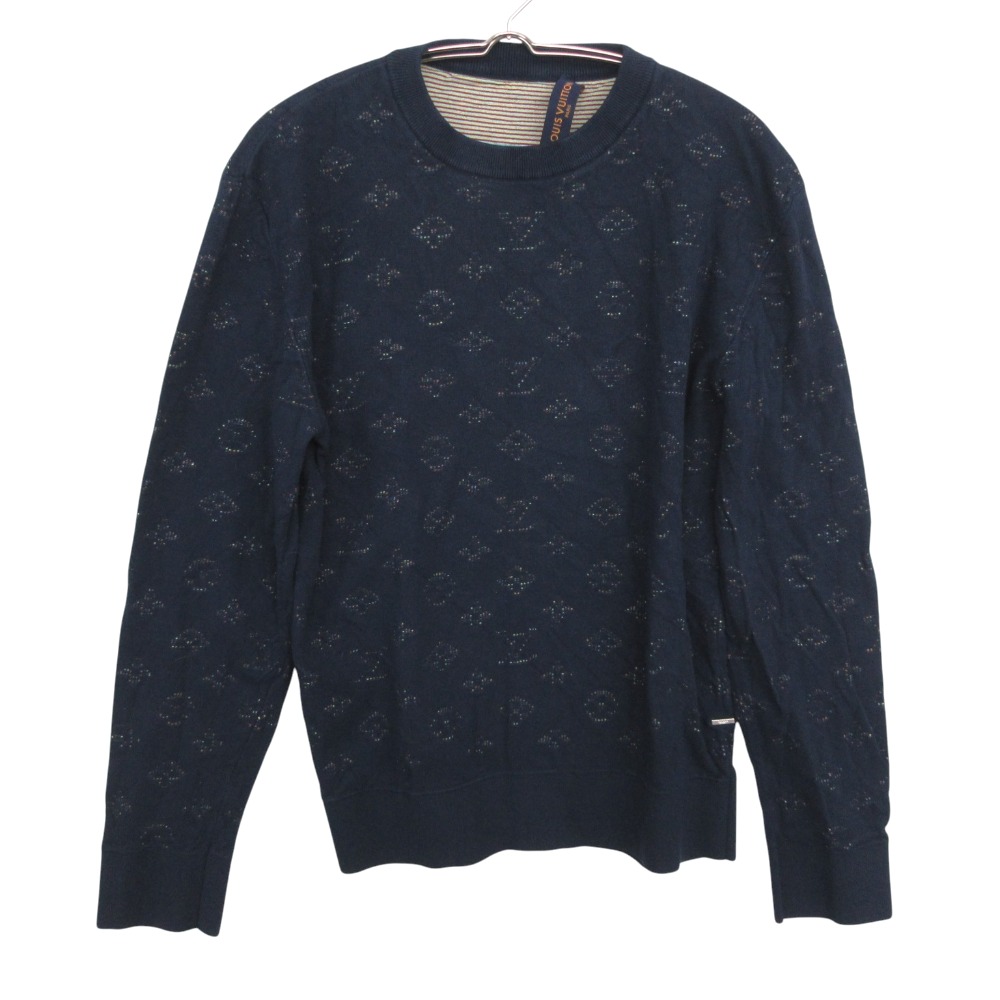 20aw LOUIS VUITTON ルイ・ヴィトン ニット セーター 長袖 クルーネック ドロップニードルモノグラム トップス ネイビー M メンズ 【中古】｜コムレイドバージ店