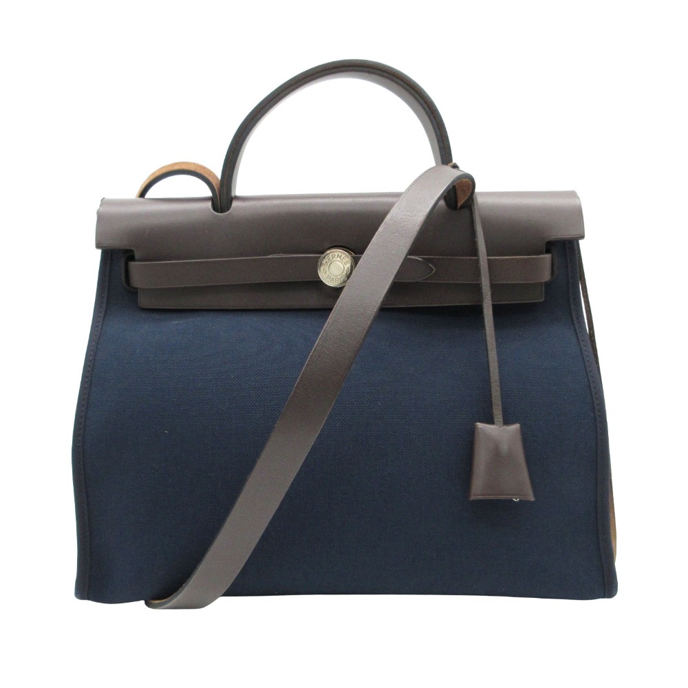 □R刻印 HERMES エルメス ハンドバッグ エールバッグジップPM ポーチ付き トワルミリタリーレザー トワルミリタリー ネイビー レディース 【中古】|コムレイドバージ店