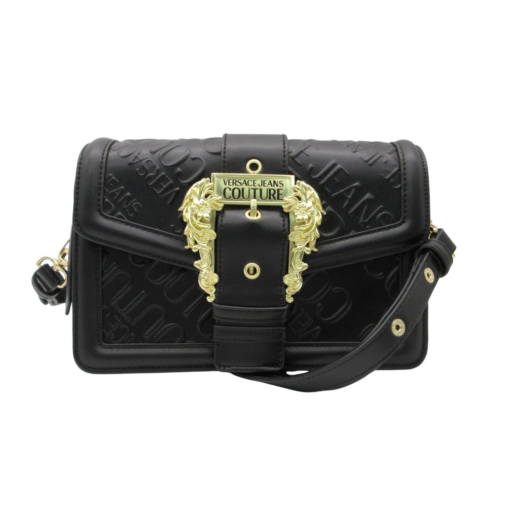 美品 □R刻印 VERSACE ヴェルサーチ ショルダーバッグ エンボスロゴ レザー ショルダーバッグ バロック ブラック レディース 【中古】｜コムレイドバージ店
