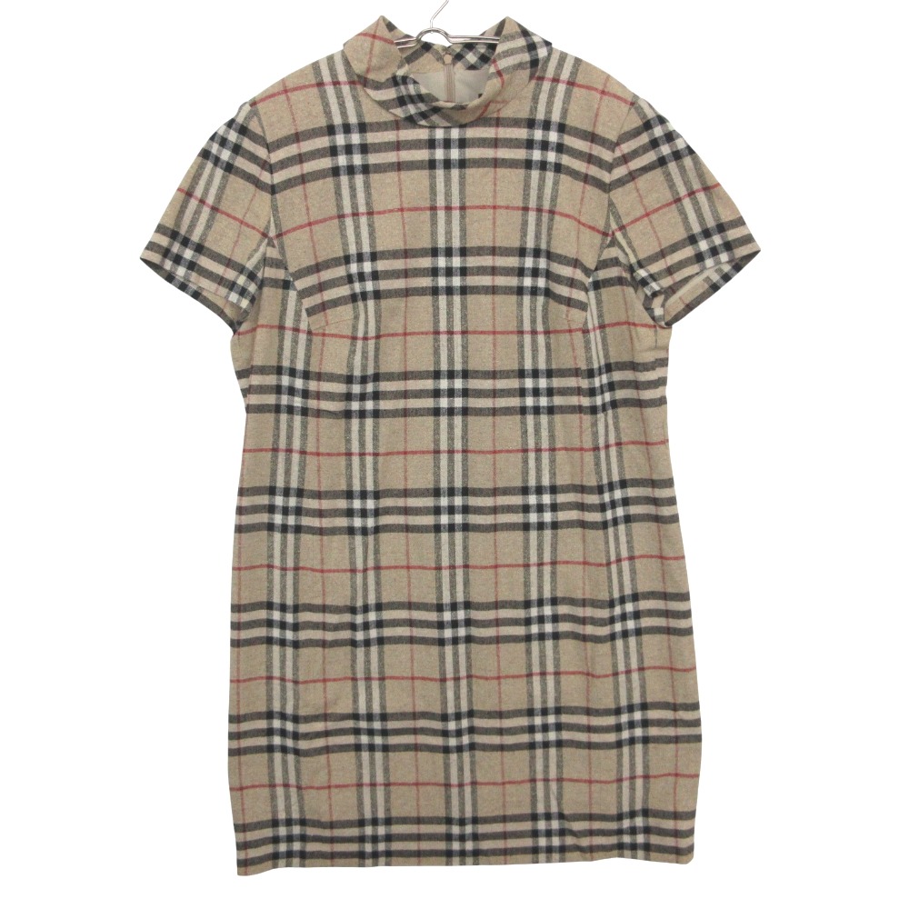 BURBERRY LONDON バーバリーロンドン ワンピース シルク リネン ノバチェック柄 ハイネック 半袖 ひざ丈 ベージュ&times;ホワイト サイズ15ABR【XL】 レディース 【中古】｜コムレイドバージ店