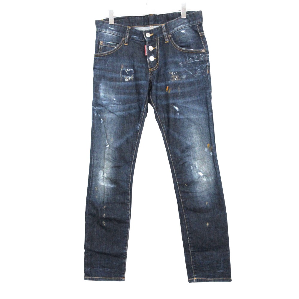 12AW DSQUARED2 ディースクエアード デニムパンツ スキニー ジーンズ ダメージペイント ボタンアップ 5ポケット タイト ローライズ スウォッシュ ブルー 44【XL】 レディース 【中古】｜コムレイドバージ店 7,848円