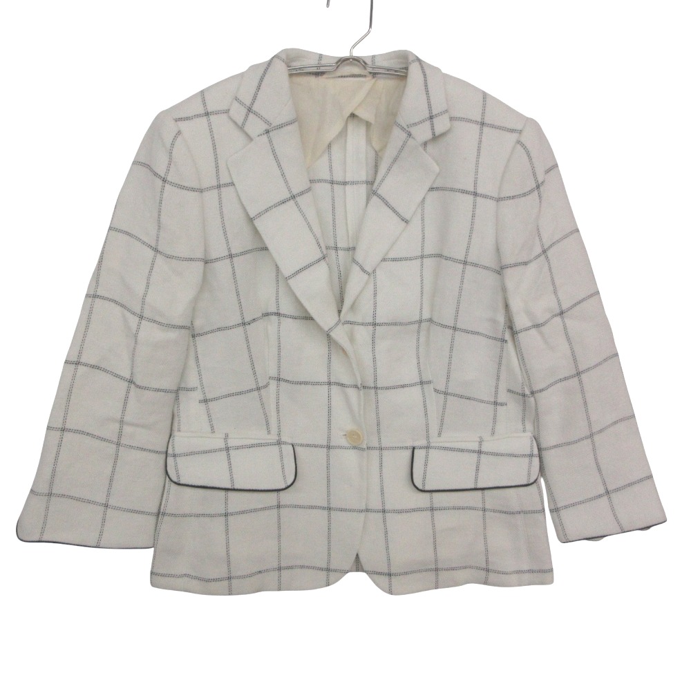 MAX MARA マックスマーラ テーラードジャケット リネン 2B ブレザー ステッチ グラフチェック 格子柄 アウター ホワイト 44【XL】 レディース 【中古】｜コムレイドバージ店