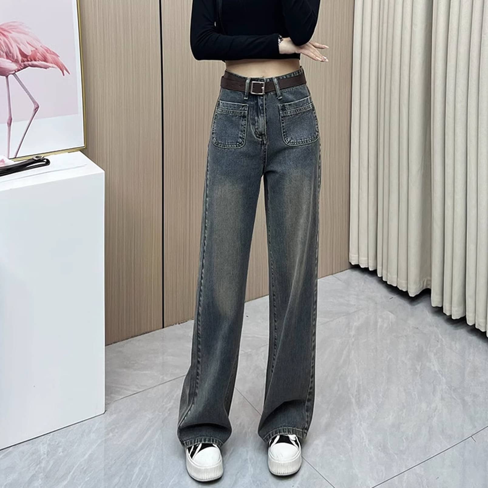 デニムパンツ レディース ハイウエスト 脚長 美脚 痩せ見え ヴィンテージ Y2K ポケット グレー ジーンズ レトロ ストレッチ ロングパンツ カジュアル