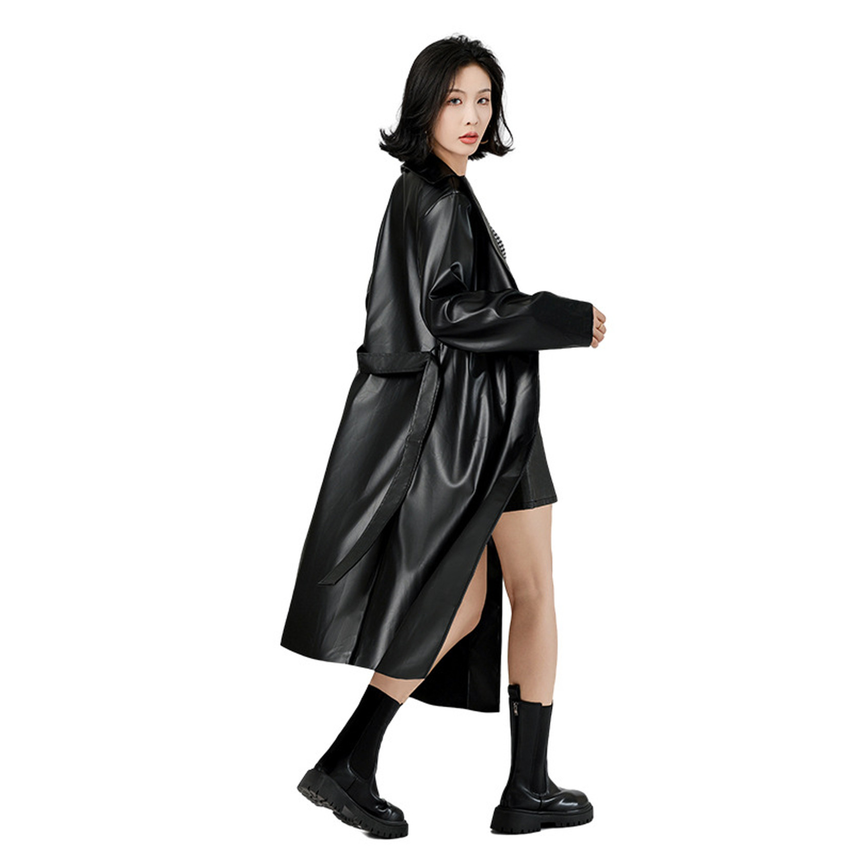 レザーコート レディース ロング丈 フェイクレザージャケット トレンチコート 秋冬 かっこいい モード系 韓国ファッション PUレザー アウター 襟付き 無地 痩せ見え おしゃれ ストリート系 スプリ