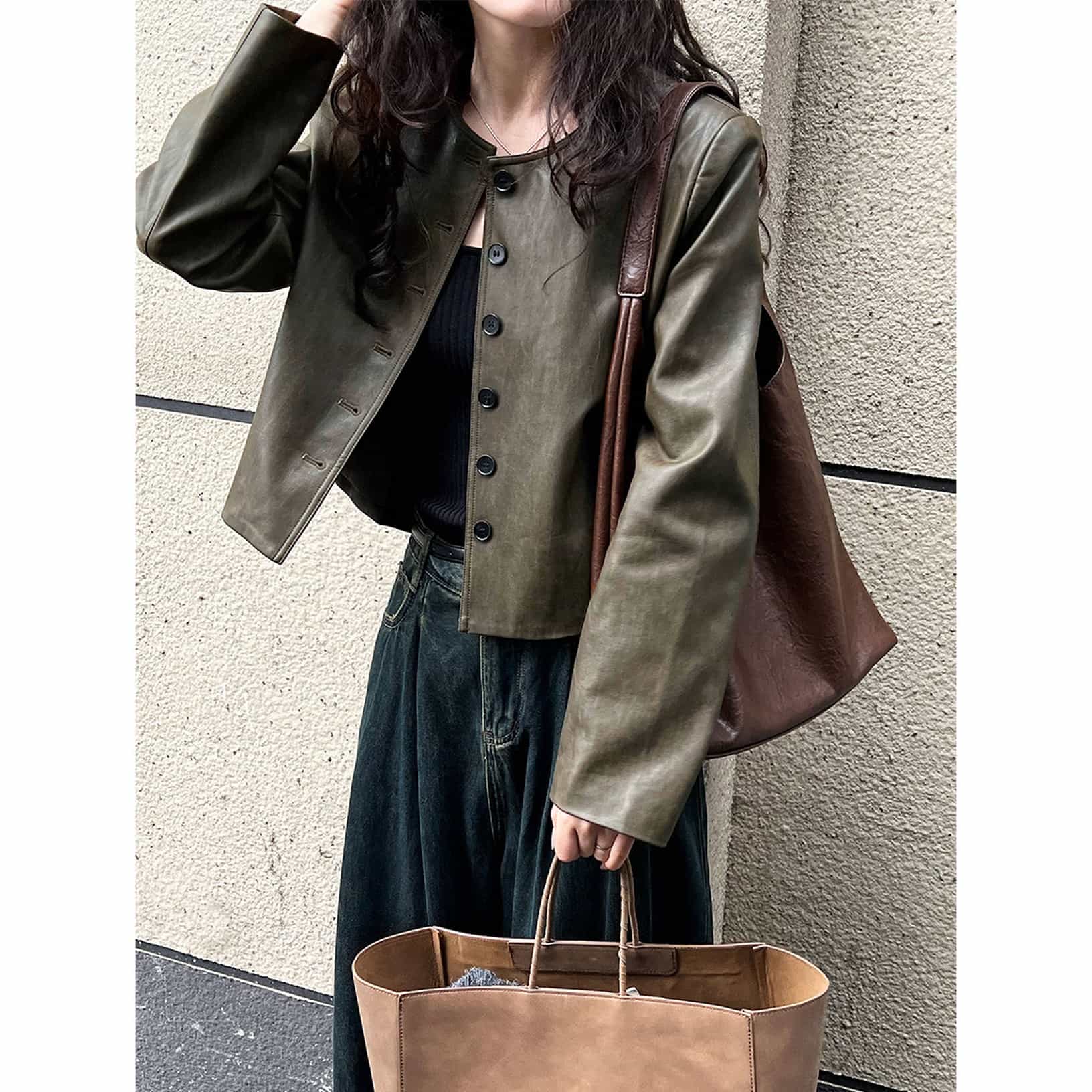 レザージャケット レディース ノーカラー フェイクレザー ブルゾン ショート丈 春 秋 クロップド 韓国 ファッション ヴィンテージ風 ライトアウター 羽織り きれいめ カジュアル ??色 オリーブグ