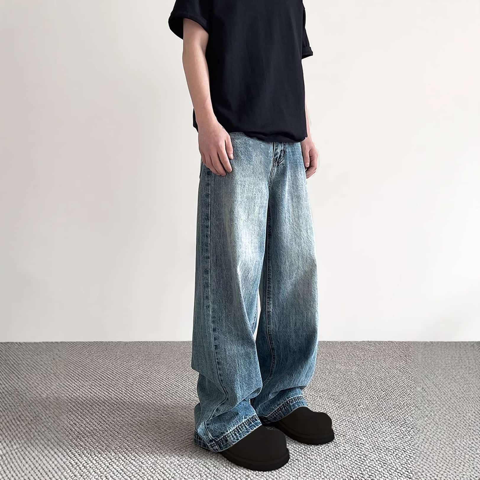 デニムパンツ ワイドパンツ メンズ レディース ジーンズ ゆるめ ストレート ヴィンテージ加工 太め ゆったり ジーパン ウォッシュ 古着風 アメカジ ストリート カジュアル 春 夏 秋 冬 ブルー