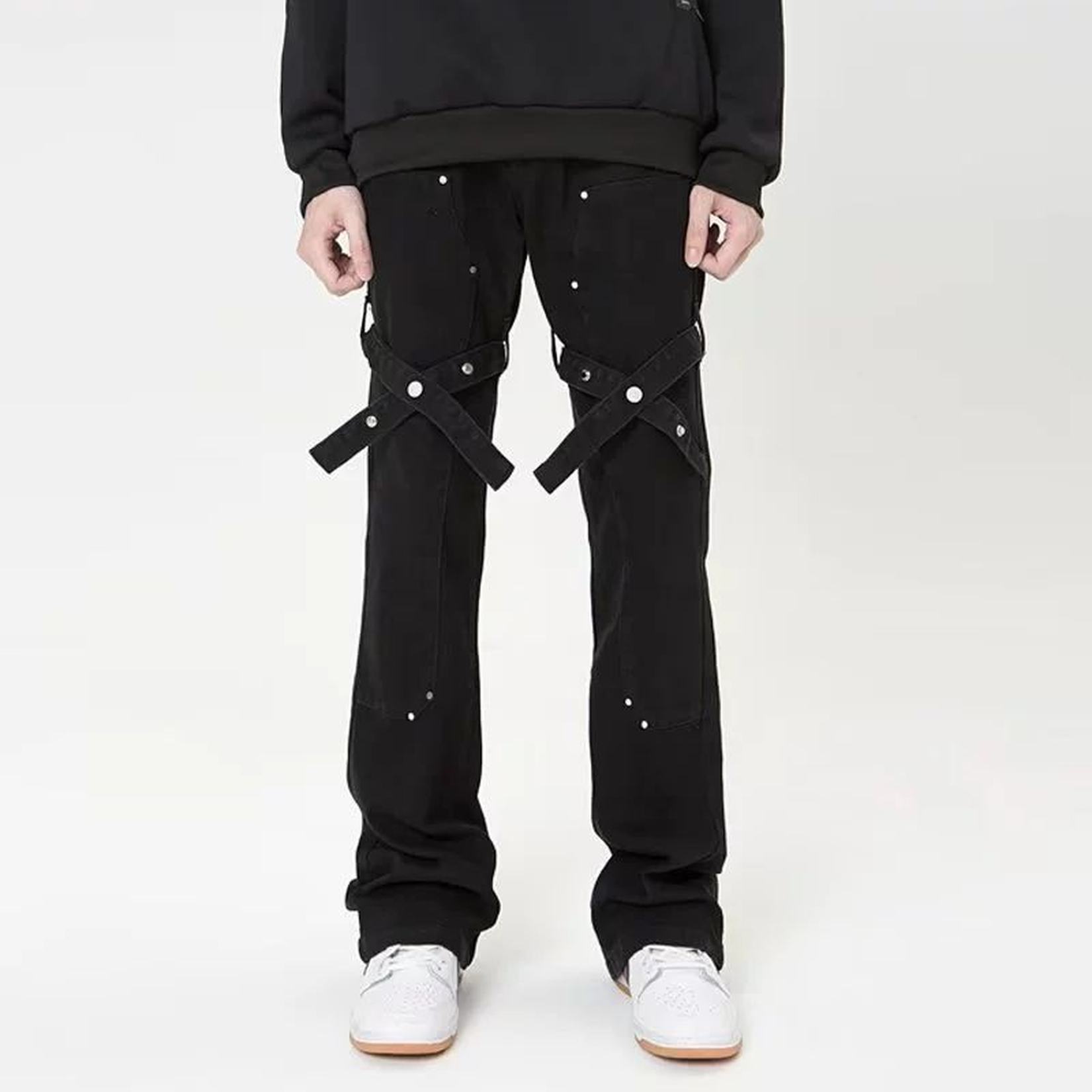 メンズ デニムパンツ カーゴ フレア モード系 ストリート ブーツカット スタッズ ブラック ボトムス Vibe系 ヒップホップ Y2K ハイストリート モードストリート ソフトデニム パンク 黒