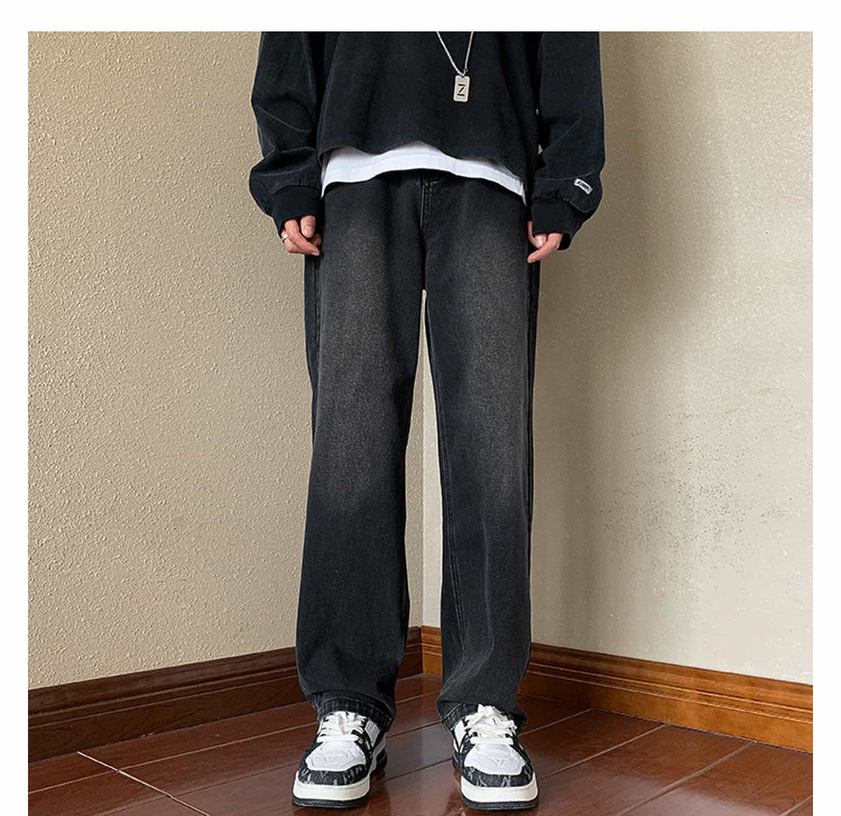 デニムパンツ メンズ ジーンズ ストレート ルーズ ワイドパンツ ウォッシュ加工 レトロ ストリート系 ビンテージ風 カジュアル ボトムス