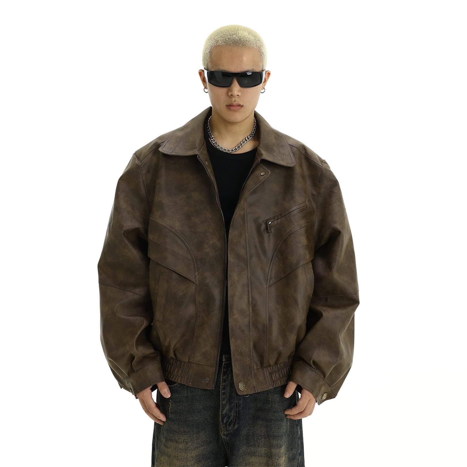 レザージャケット メンズ ヴィンテージ風 ブルゾン フェイクレザー ジャケット オーバーサイズ カジュアル ジャンパー 襟付き 春秋 冬 ゆったり 大きいサイズ ストリート系 おしゃれ 無地 防風 防
