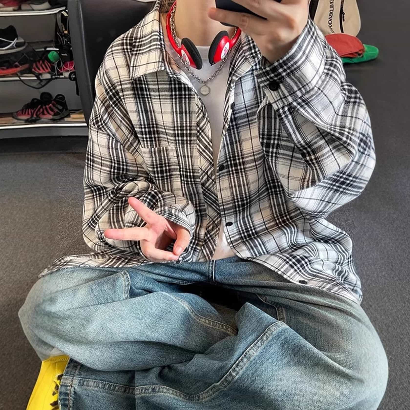 チェックシャツ メンズ 長袖 オーバーサイズ 韓国 ファッション ストリート系 カジュアル ネルシャツ 春 秋 大きいサイズ ゆったり 羽織り トップス モノトーン