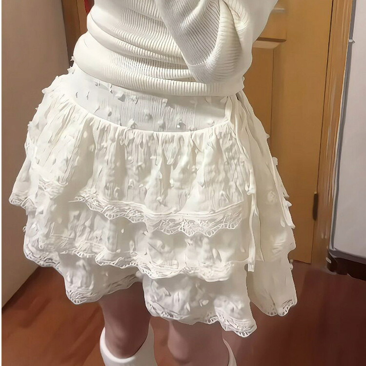 ティアード ミニスカート レディース フリルスカート Aライン ふんわり レース付き ドット柄 シフォン 可愛い ガーリー フェミニン 地雷系 量産型 デート お出かけ ウエストゴム 裏地付き 春 夏