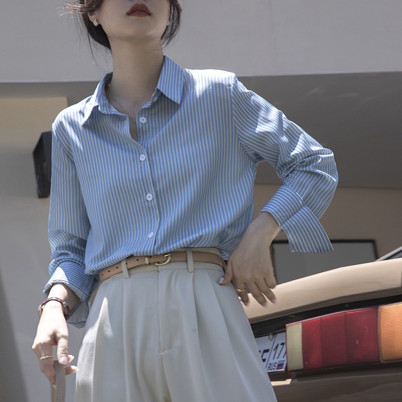 シャツ レディース ストライプ ブラウス 長袖 きれいめ 通勤 オフィス 事務服 カジュアル さわやか 襟付き 春 秋 トップス お洒落 シンプル 大人 ブルー