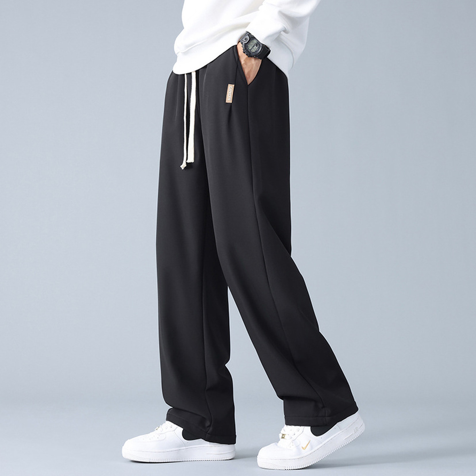 ワイドパンツ メンズ スウェットパンツ ロングパンツ ストレート 部屋着 ルームウェア ゆったり カジュアル 無地 春 秋 ウエストゴム 紐付き 大きいサイズ お洒落 ボトムス スラックス風
