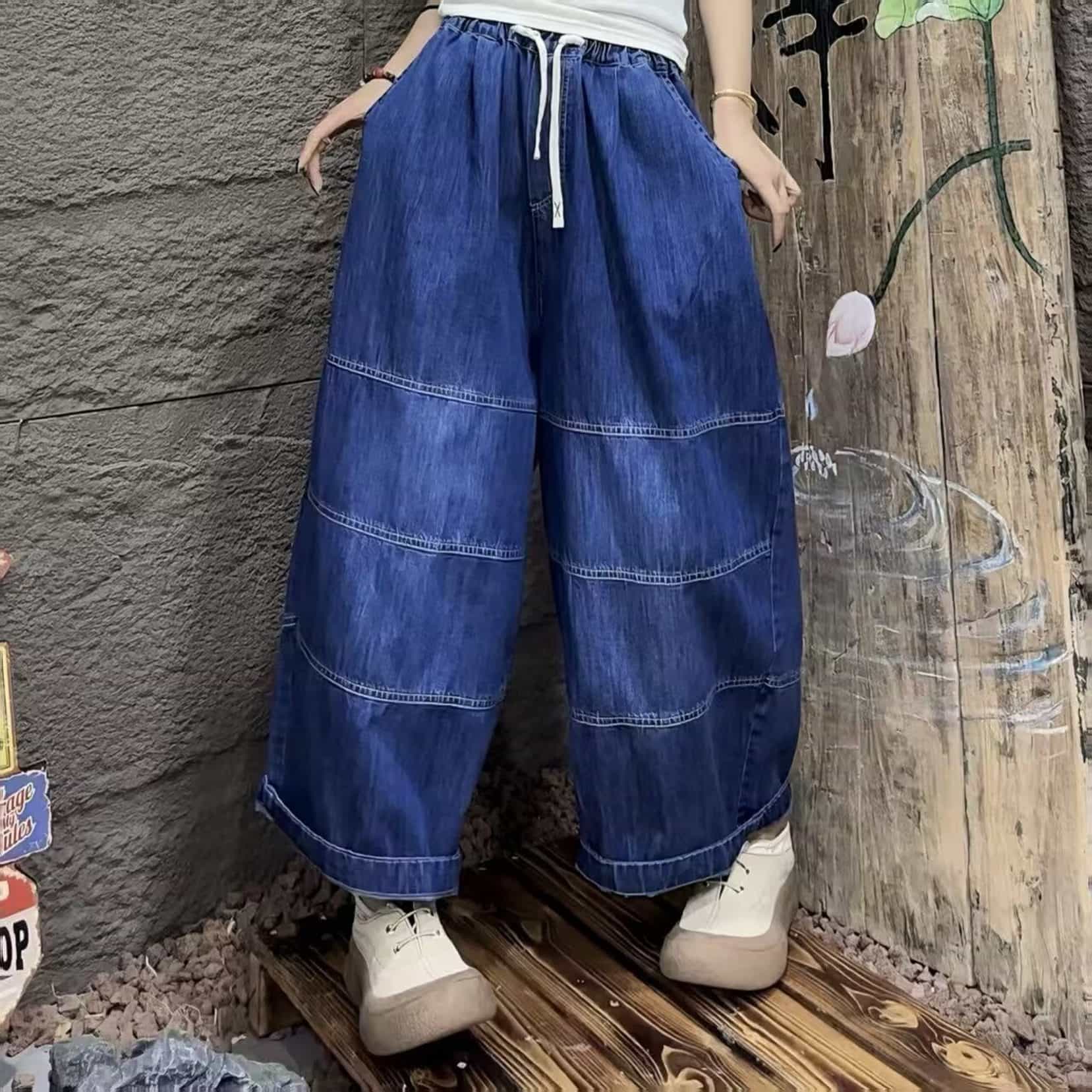 ワイドパンツ デニム レディース ゆったり 切替デザイン ウエストゴム ジーパン ロング丈 ゆる 体型カバー エスニック アジアン カジュアル 柔らかい ボトムス 大きいサイズ 春 夏 秋