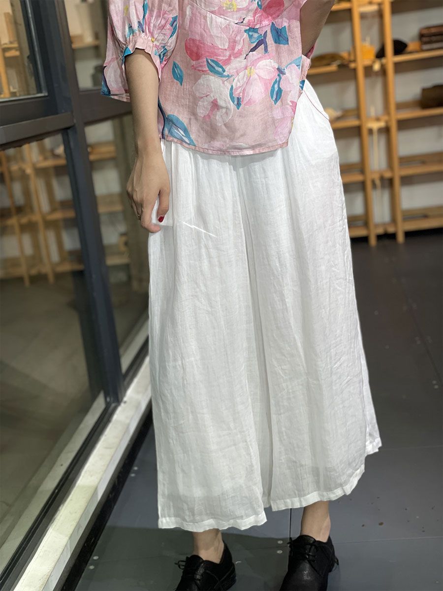 ワイドパンツ レディース 夏 麻混 リネン 綿麻 ゆったり ガウチョパンツ 涼しい ボトムス ウエストゴム ポケット付き 森ガール カジュアル 無地