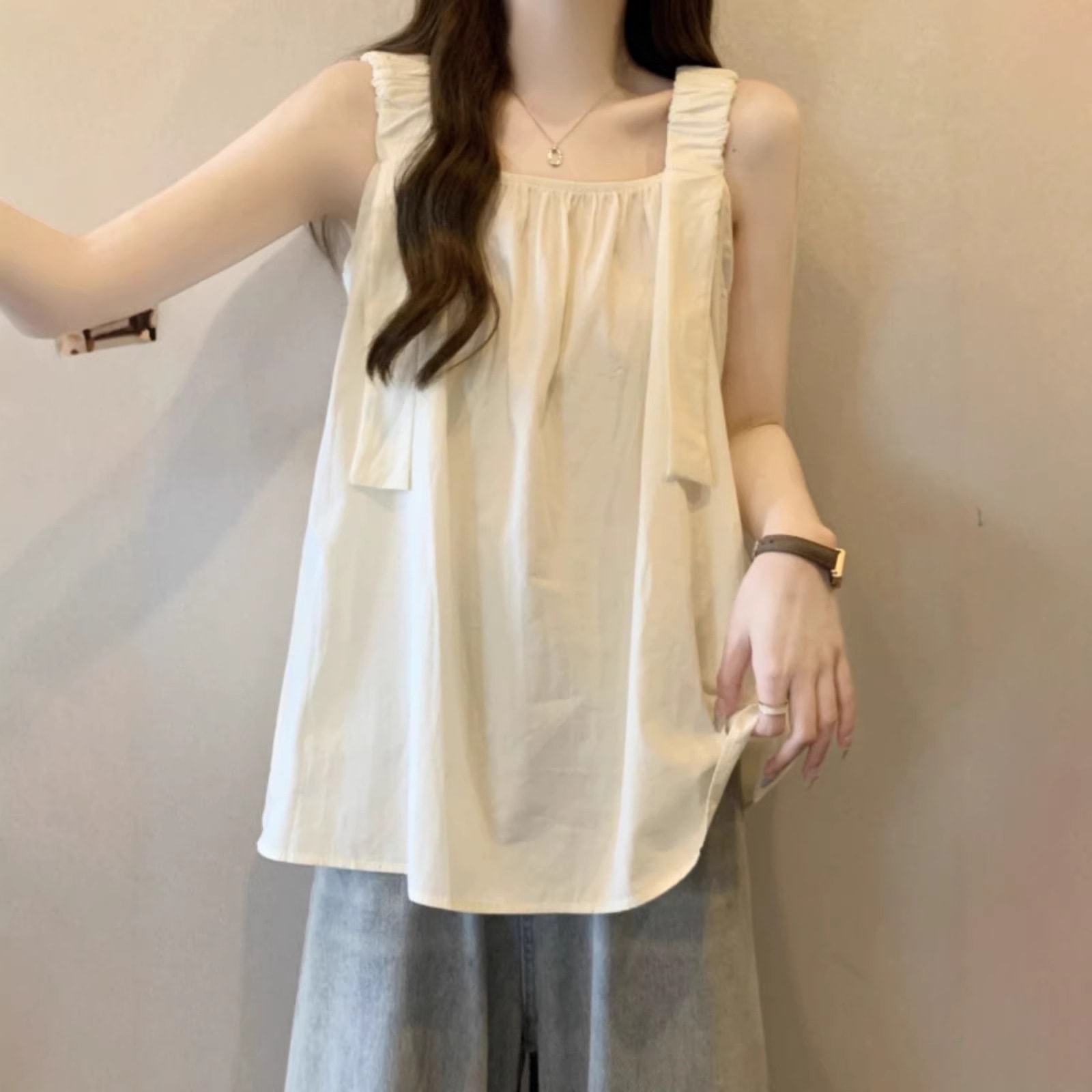 キャミソール レディース スクエアネック ギャザー Aライン トップス 春 夏 森ガール カジュアル ゆったり 涼しい 清楚 体型カバー 大人可愛い オフホワイト