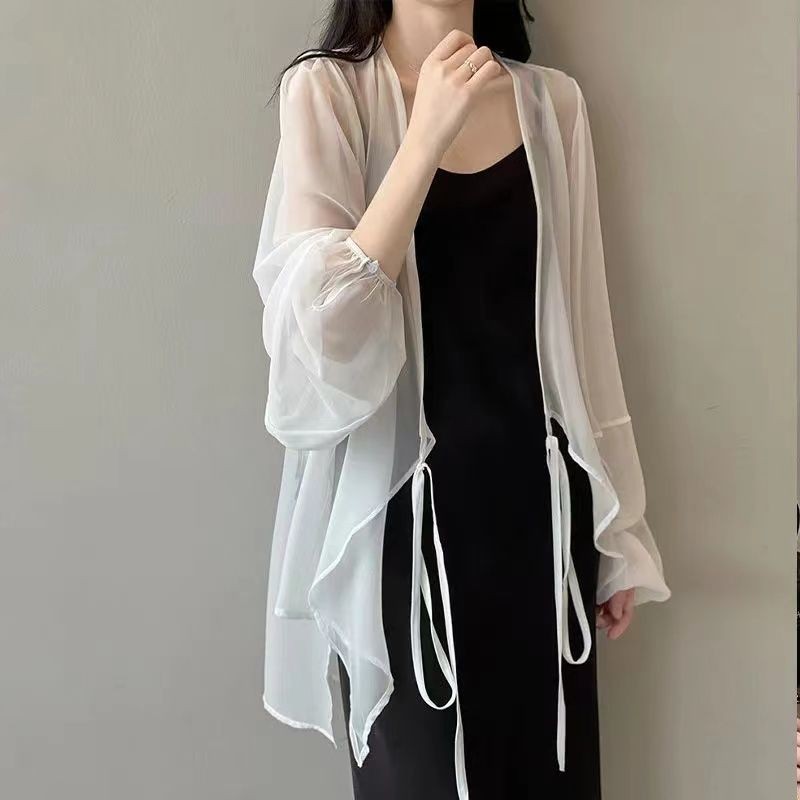 カット カーディガン レディース シアー Vネック 長袖 シフォン 薄手 羽織り 体型カバー ゆったり 涼しい 冷房対策 日焼け止め