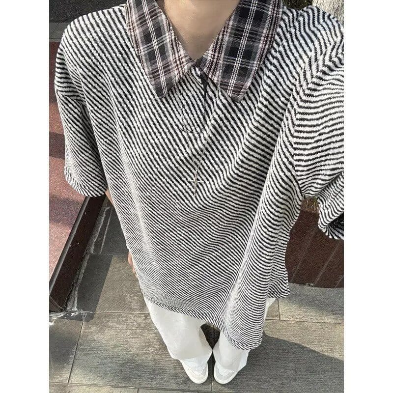 ポロシャツ メンズ 半袖 韓国 ストリート チェック柄 襟付き tシャツ ボーダー 柄 切り替え ビッグシルエット オーバーサイズ カジュアル お洒落 ゆったり 夏服 春物 レトロ