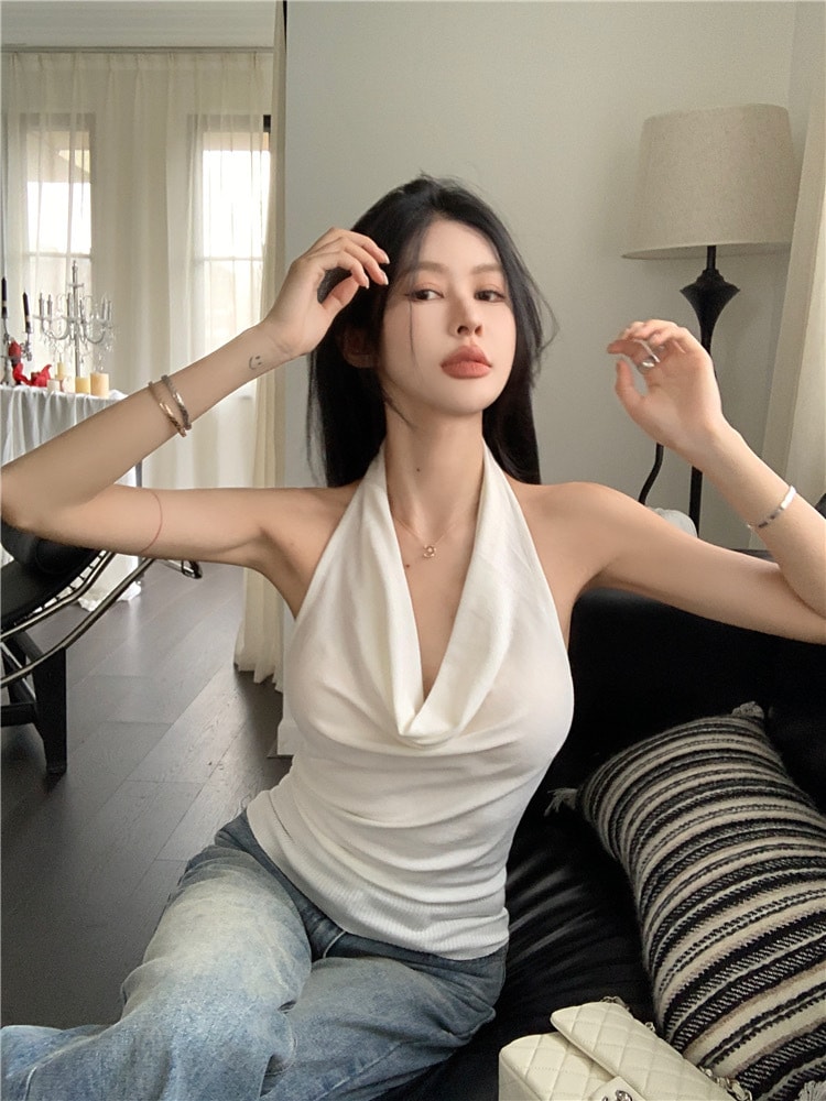 ホルターネック キャミソール レディース セクシー 背中あき ドレープ Vネック タイト トップス ノースリーブ 無地 とろみ 素材 エレガント インナー パーティー お呼ばれ 夏