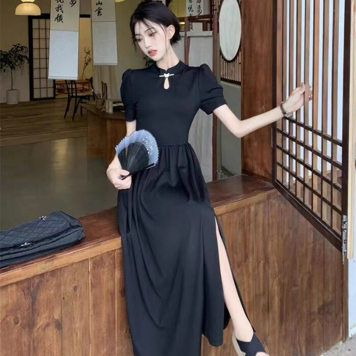 チャイナドレス レディース 改良型 ワンピース レトロ モダン パフスリーブ チャイナ服 立ち襟 胸元あき Aライン 着痩せ エレガント お呼ばれ パーティー ブラック