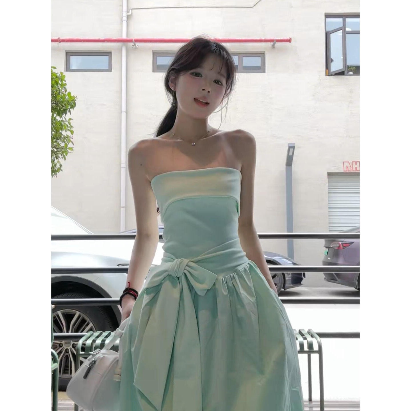 ベアトップドレス レディース リボン ミントグリーン ドレス パーティー 結婚式 二次会 ビスチェドレス ワンピース Aライン ノースリーブ ふわふわ ガーリー パーティードレス きれいめ グリーン