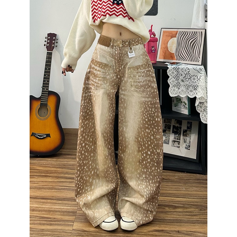 デニム パンツ レディース ワイドパンツ バンビ柄 ジーンズ ハイウエスト ルーズ バギーパンツ アニマル柄 ストリート系 ヴィンテージ風 脚長 体型カバー カジュアル 春 秋 ライトブラウン