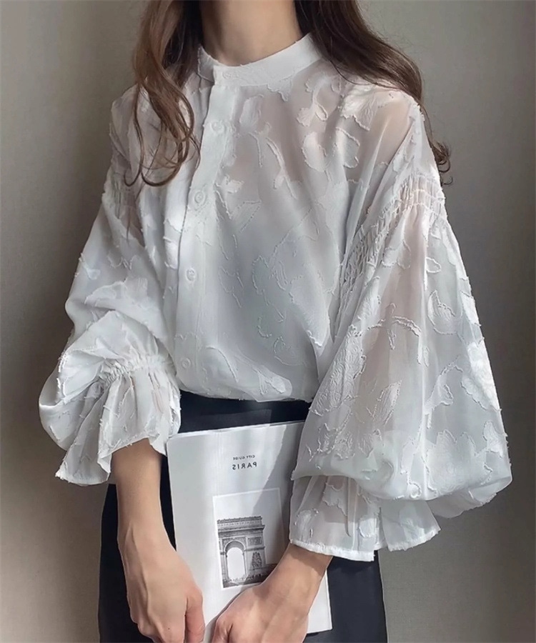 ブラウス レディース 長袖 シアー シャツ 透け感 ハイネック 花柄 パフスリーブ レース トップス きれいめ ゆったり 上品 春 夏 秋 通勤 デート