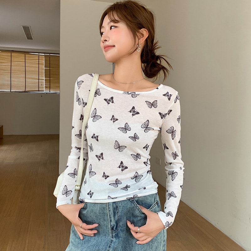 ロンT レディース 長袖 蝶柄 バタフライ 総柄 クルーネック スリム タイト Tシャツ ストリート カジュアル ダンス 衣装 インナー 薄手 伸縮 トップス 春 秋 冬 重ね着 10代 20代 30