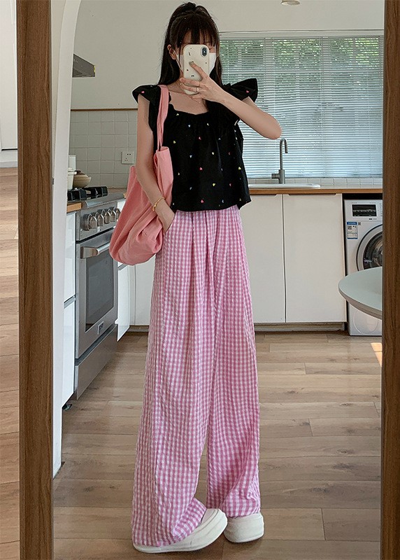 ワイドパンツ レディース ギンガムチェック イージーパンツ 夏 薄手 高見え ハイウエスト 美脚 脚長 ゆったり カジュアル ルームウェア ストレート