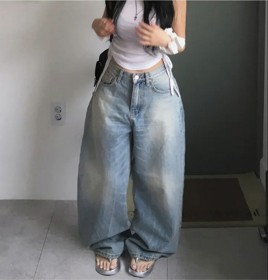 デニム パンツ レディース ジーンズ バックプリント 羽根 デザイン ハイウエスト ワイドパンツ ストレート ゆる ロング丈 ジーパン ファッション ストリート系 ウォッシュ加工 カジュアル 春 夏