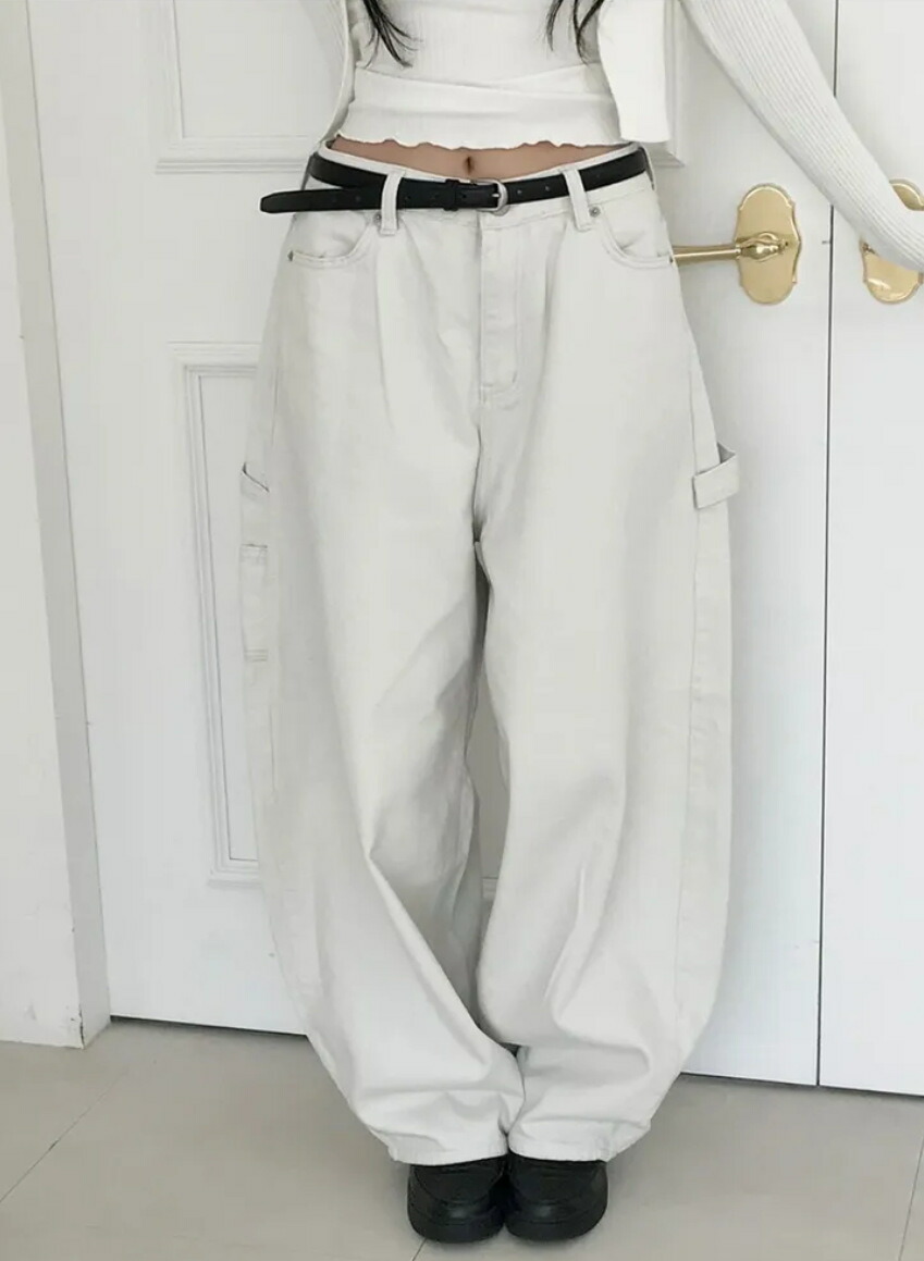 カーゴパンツ レディース ハートポケット ストリート 原宿系 ハイウエスト ワイドパンツ バギーパンツ だぼだぼ デニム オシャレ 可愛い ホワイト