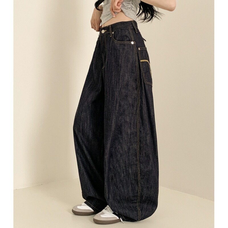 デニムパンツ レディース ワイドパンツ ハイウエスト バギーパンツ レトロ ゆったり ジーパン ヴィンテージ風 シンチバック ワークパンツ ストリート ロングパンツ 体型カバー 脚長 カジュアル 紺