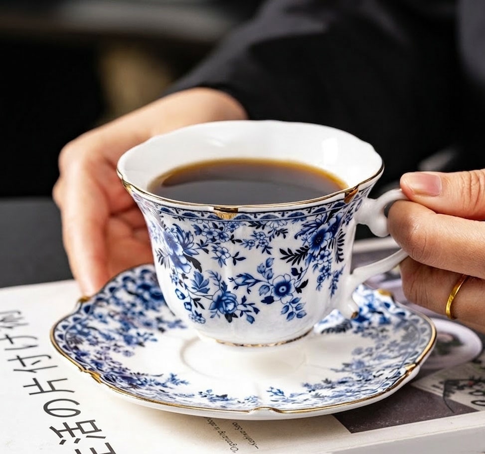 ティーカップ ソーサー セット ボーンチャイナ 1客 欧州風 花柄 コーヒーカップ おしゃれ 高級 英国風 磁器 姫系 アンティーク ギフトBOX付き 金縁 紅茶 カップ ブルー プレゼント 結婚祝い