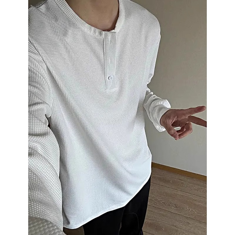 ヘンリーネック Tシャツ メンズ 長袖 ワッフル 生地 凹凸感 ロンT カットソー 無地 カジュアル 快適 柔らかい 春 秋