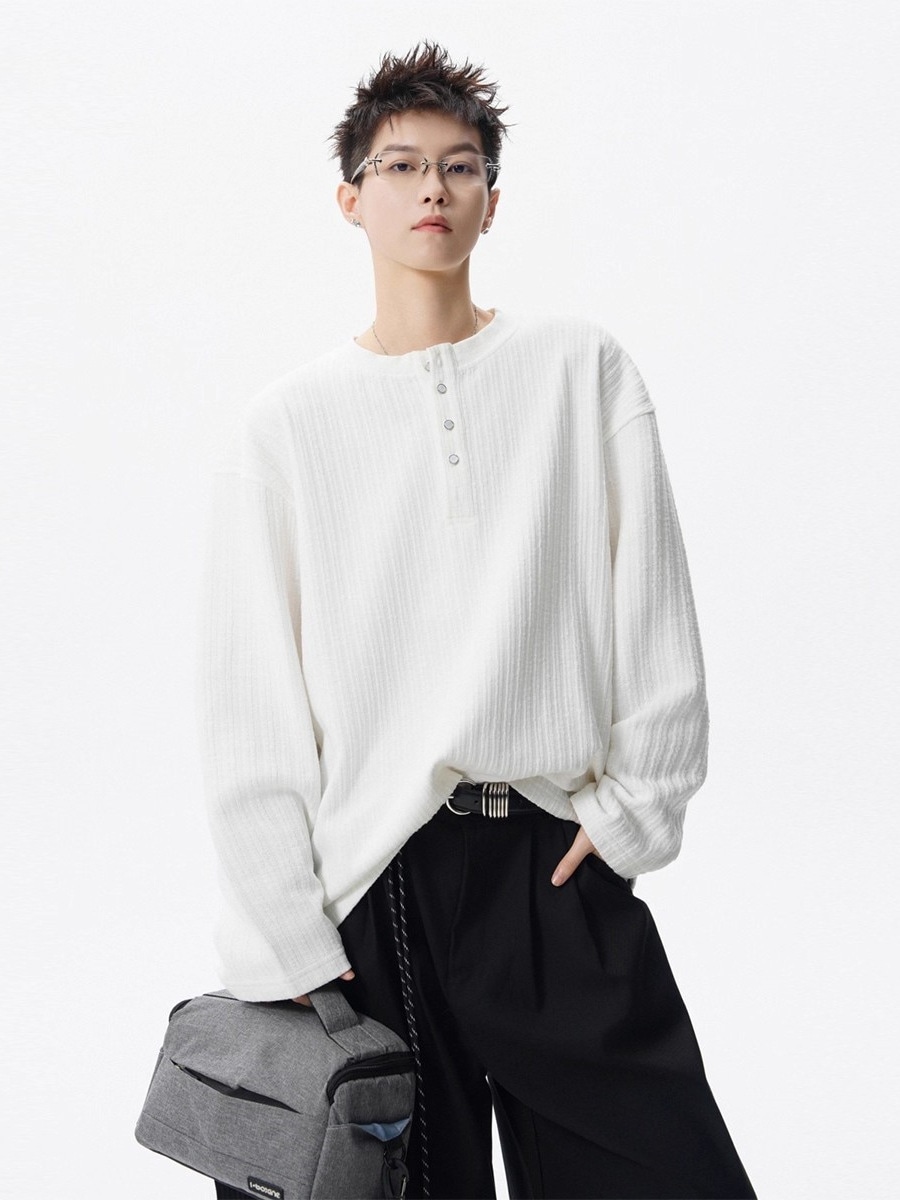 ヘンリーネック Tシャツ 長袖 メンズ レディース オーバーサイズ ワッフル カットソー ロンT ビッグシルエット 無地 カジュアル 春 秋 ユニセックス