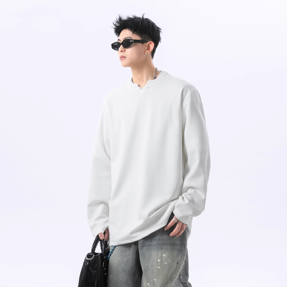 ロンT メンズ 長袖 ティーシャツ キーネック ワッフル クリーンフィット オーバーサイズ ゆったり カジュアル 春服 秋服 無地 トップス おしゃれ