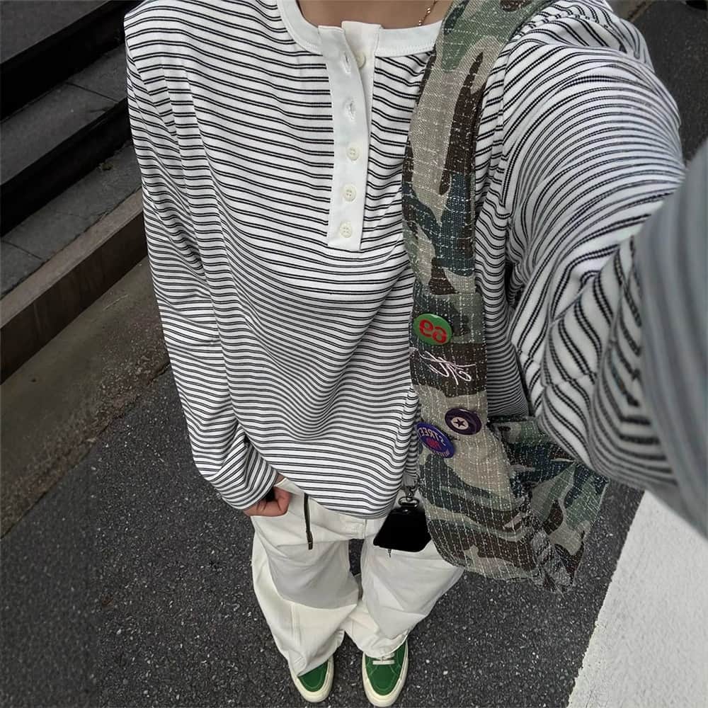 ボーダー ロンT メンズ 長袖 ヘンリーネック Tシャツ ゆったり トップス カジュアル ストリート 春 秋 おしゃれ ユニセックス 大きいサイズ