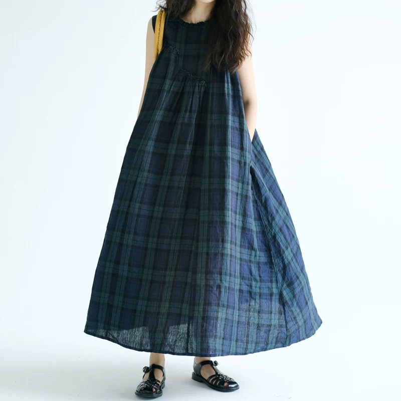 綿麻 ワンピース レディース チェック柄 ノースリーブ マキシ丈 ロング丈 森ガール ナチュラル 体型カバー ゆったり 涼しい タータンチェック Aライン カジュアル 春 夏 大きいサイズ 普段着 リ