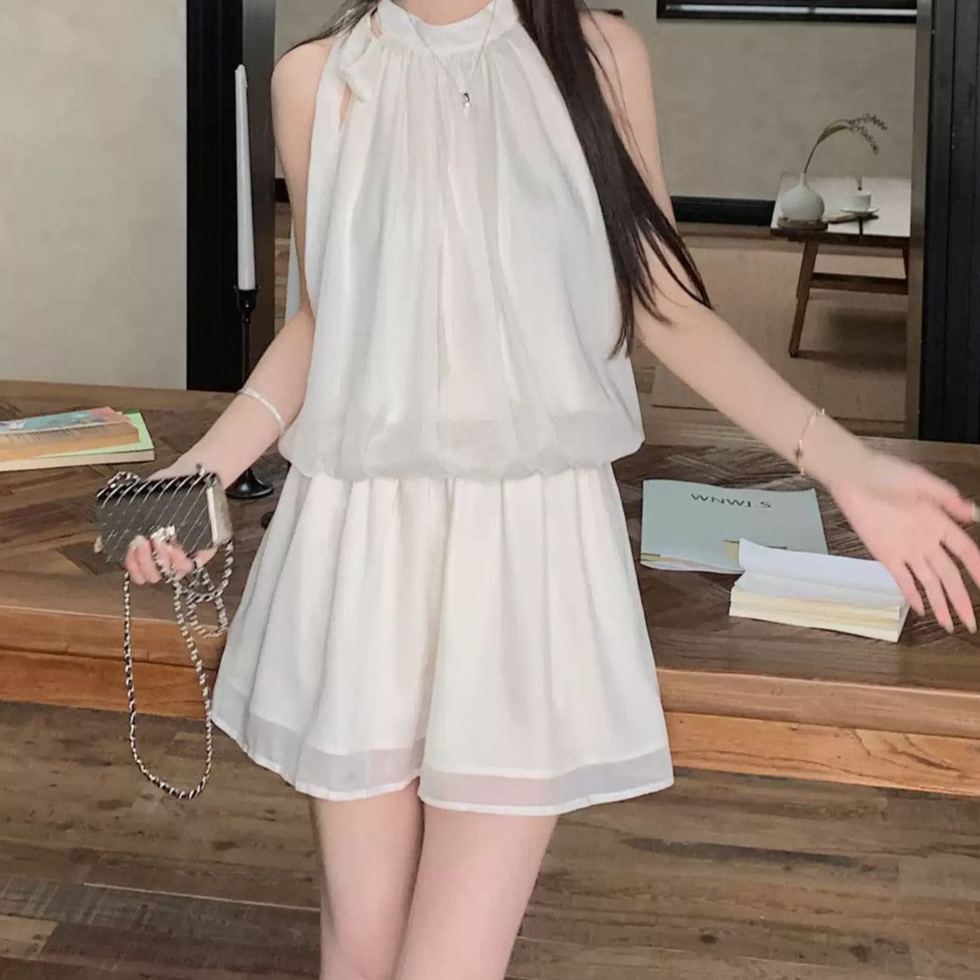 ワンピース レディース 夏 ミニ丈 ノースリーブ ハイネック リボン きれいめ ファッション Aライン 清楚 上品 結婚式 お呼ばれ パーティードレス チュニック シフォン ギャザー 裏地付き 涼しい