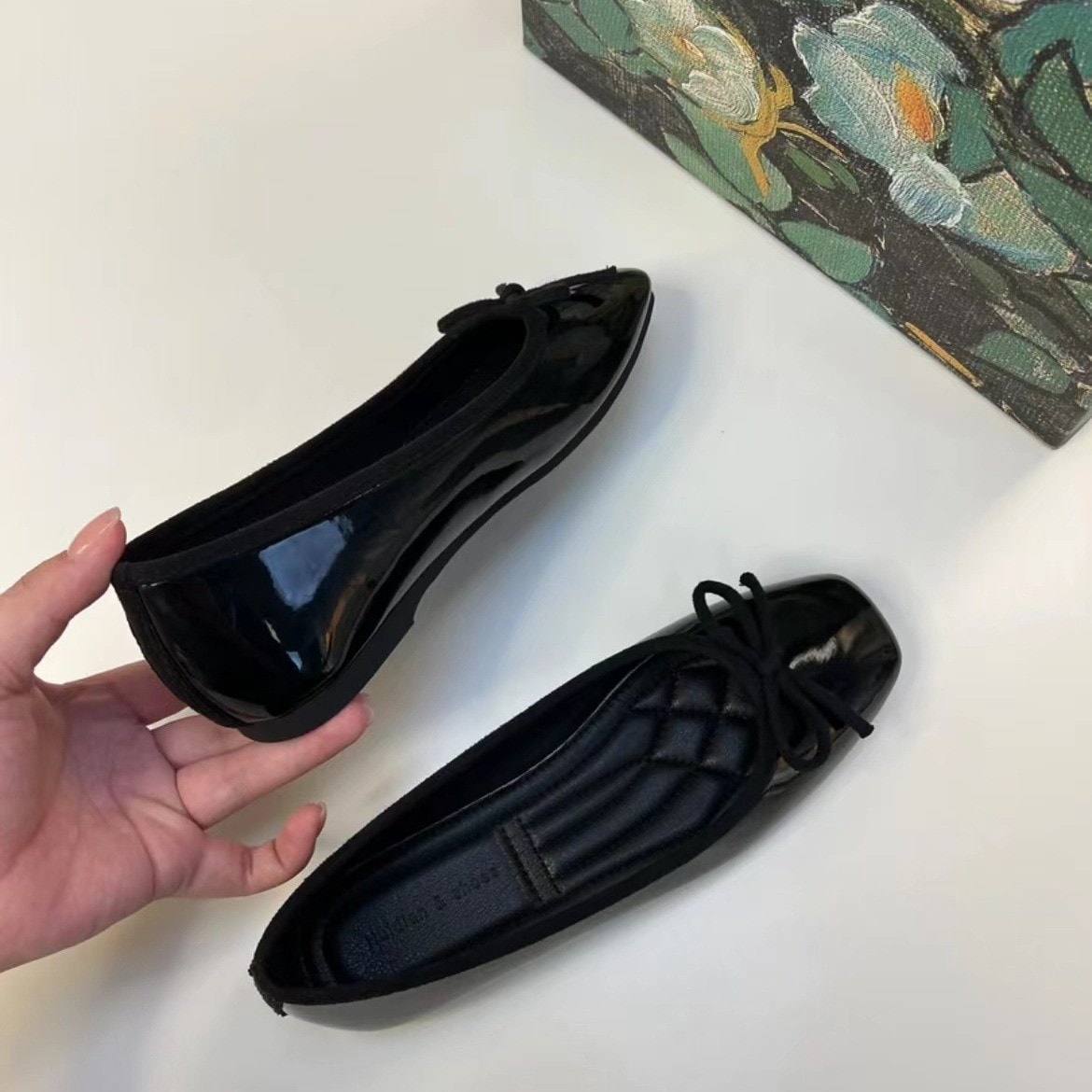パンプス 4.5cmヒール 厚底 レディース エナメル スクエアトゥ リボン バレエシューズ 痛くない 疲れない 通勤 オフィス フォーマル 冠婚葬祭 ブラック