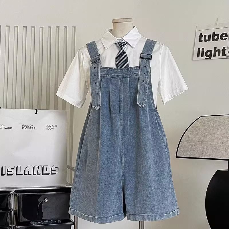 サロペット デニム レディース ショートパンツ ワイドパンツ オールインワン Aライン ハイウエスト 膝上 夏 カジュアル スッキリ見え 爽やか 体型カバー 通学 通勤 可愛い 小さいサイズ 青 ウォ