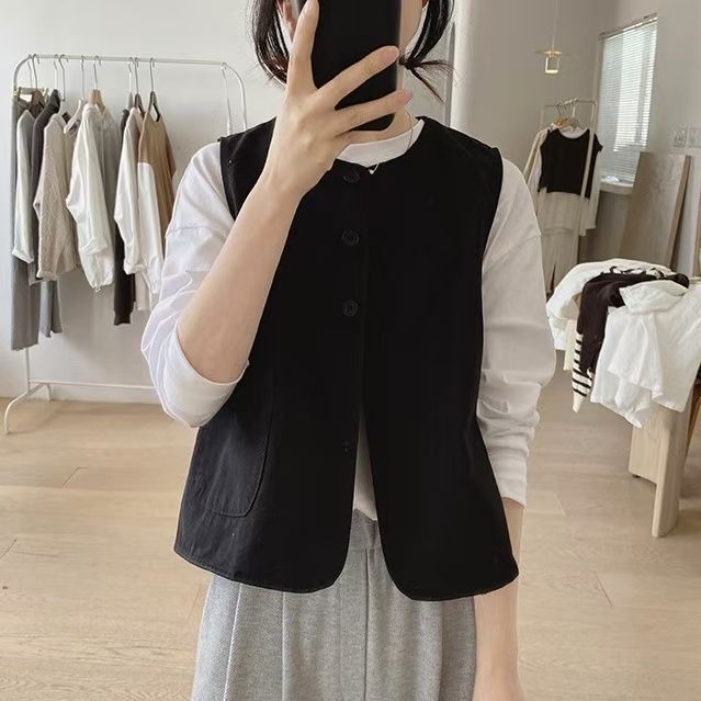 ベスト レディース ジレ 春 夏 秋 クルーネック 前開き 丸襟 カジュアル 綿麻風 無地 重ね着 トップス 軽い ポケット付 ナチュラル シンプル 通勤 普段着 おしゃれ