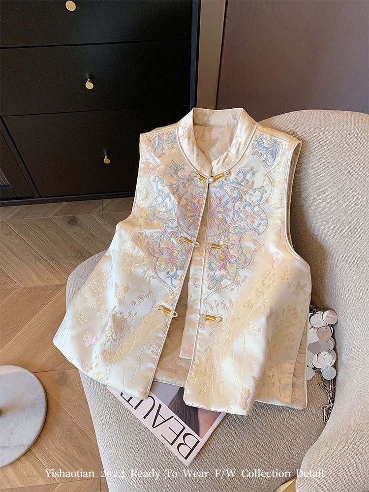 ベスト レディース 刺繍 チャイナ風 ギレ 高見え ノースリーブ トップス 立ち襟 チャイナボタン ジャガード 刺繍 ジレ 春 秋 カジュアル きれいめ おしゃれ 重ね着 民族風 レトロ クラシック