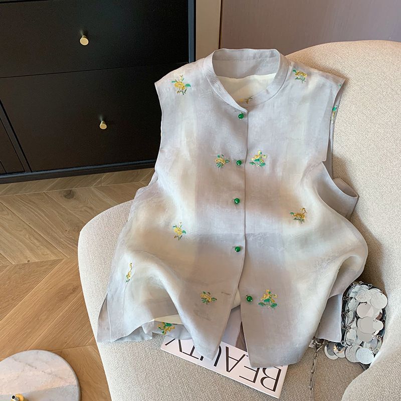 チャイナ風 ベスト レディース ジレ 刺繍 花柄 トップス 立ち襟 ノースリーブ チャイナ服 カジュアル 夏 きれいめ 上品 レトロ エスニック ヴィンテージ シアー 透け感 ゆったり 重ね着 民族衣