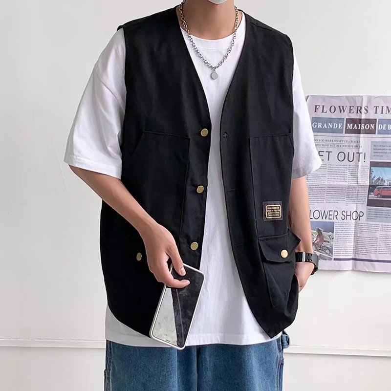 ベスト メンズ ジレ ワークベスト カジュアル Vネック 前開き ゆったり 大きいサイズ オーバーサイズ 多機能 ポケット ストリート ミリタリー アメカジ 重ね着 春 夏 秋 トップス おしゃれ ノ