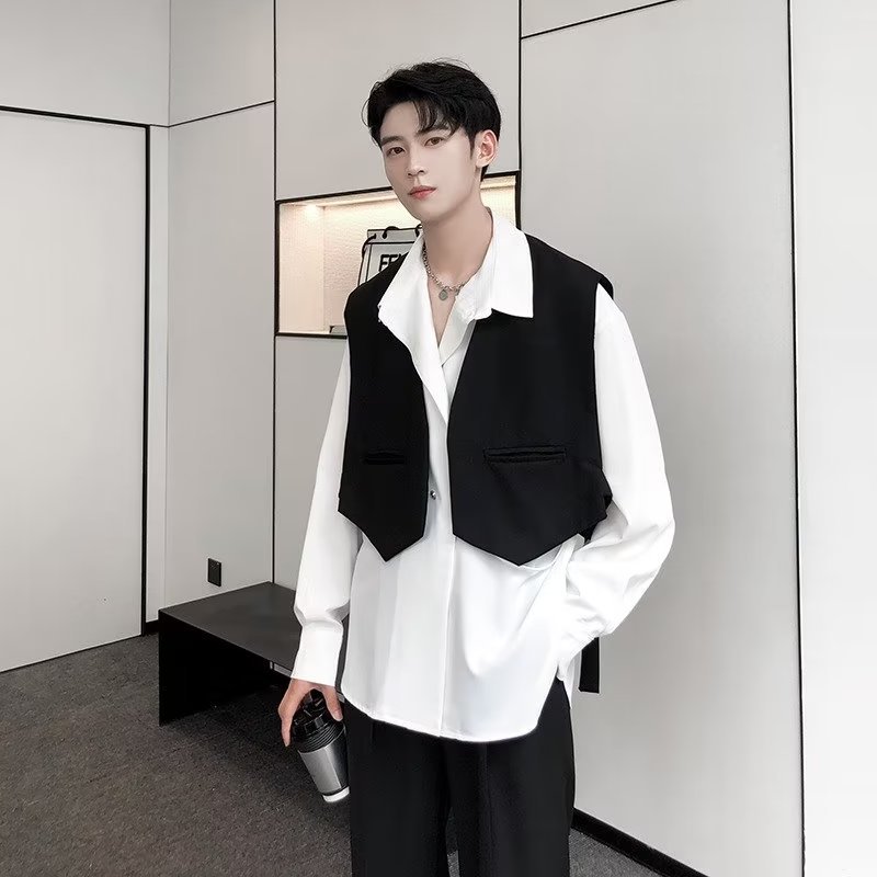 スーツベスト メンズ ジレ Vネック スリム ファッション モード系 きれいめ 重ね着 ショート丈 前開き 紳士服 通勤 通学 結婚式 二次会 美容師 衣装 チョッキ カジュアル フォーマル 春 秋